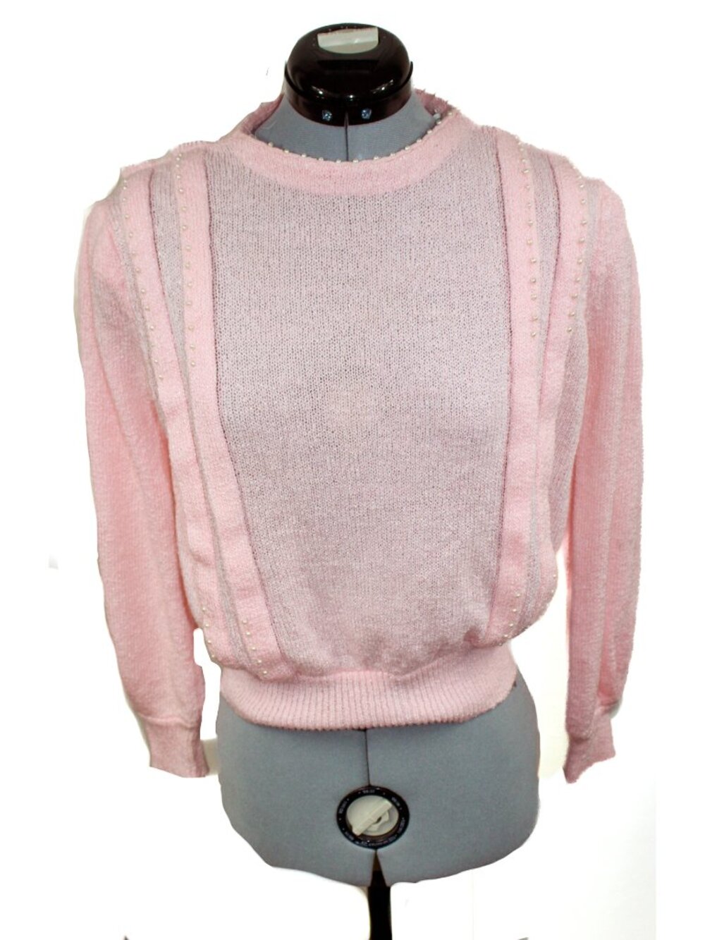 VTG DONAGAIN Women's Large Pink Sweater Beaded Pearl 70s Puff Sleeve Cottage